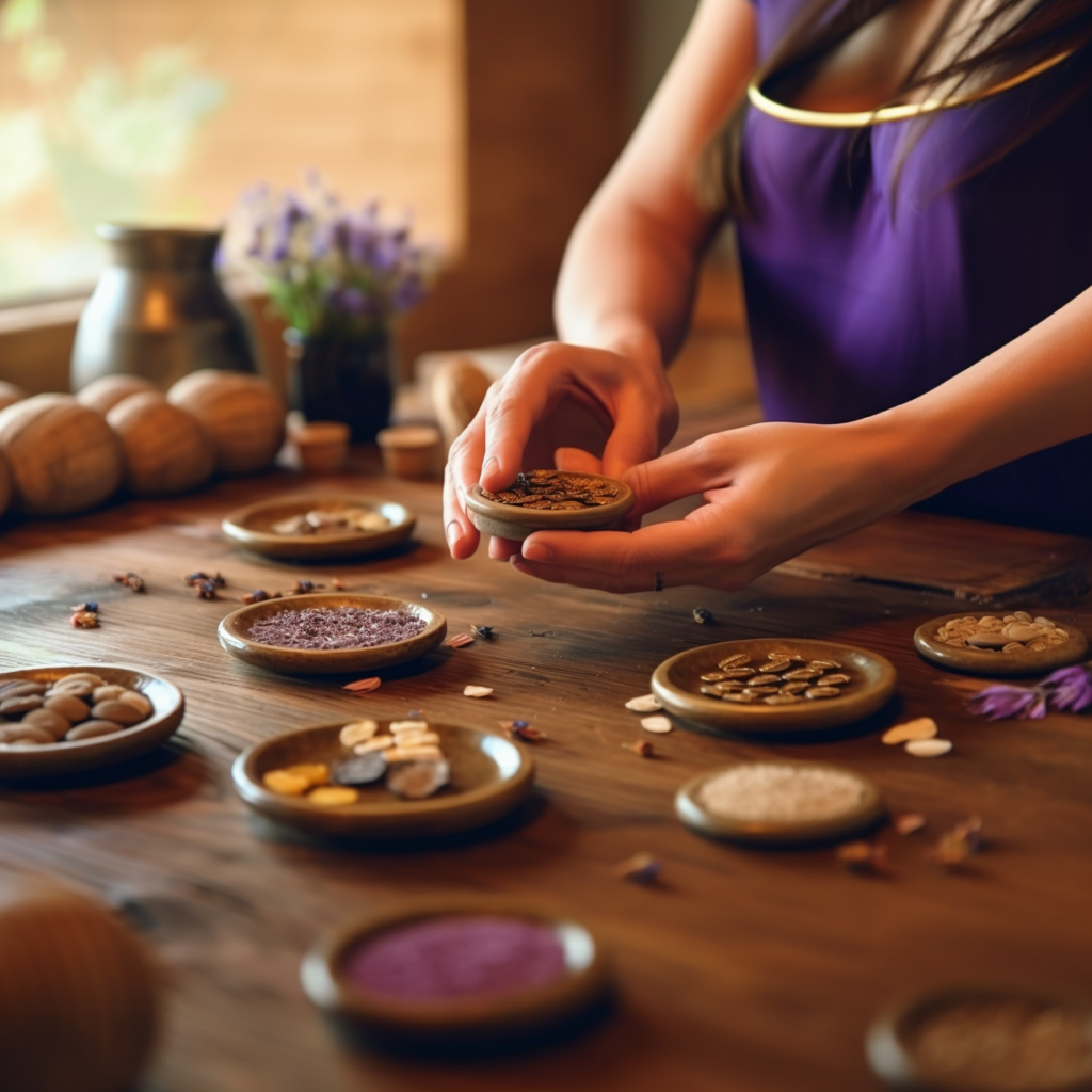 A harmonious blend of alternative therapies: A wooden surface adorned with a variety of medicinal plants like lavender, chamomile, and mint